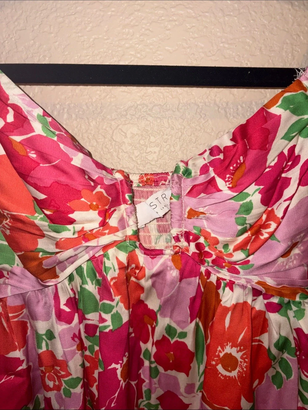 Astr Floral Puff-Sleeve Square Neck Top in Pink, Orange and Green